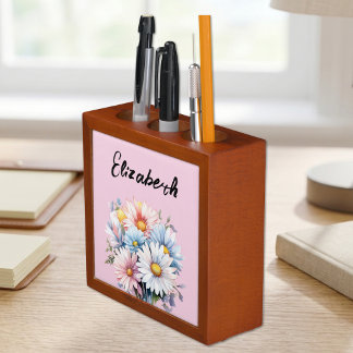 4 photo gerbera flowers name pink pen desk organizer