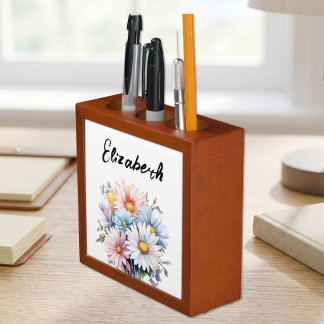 4 photo gerbera flowers name white pen desk organizer