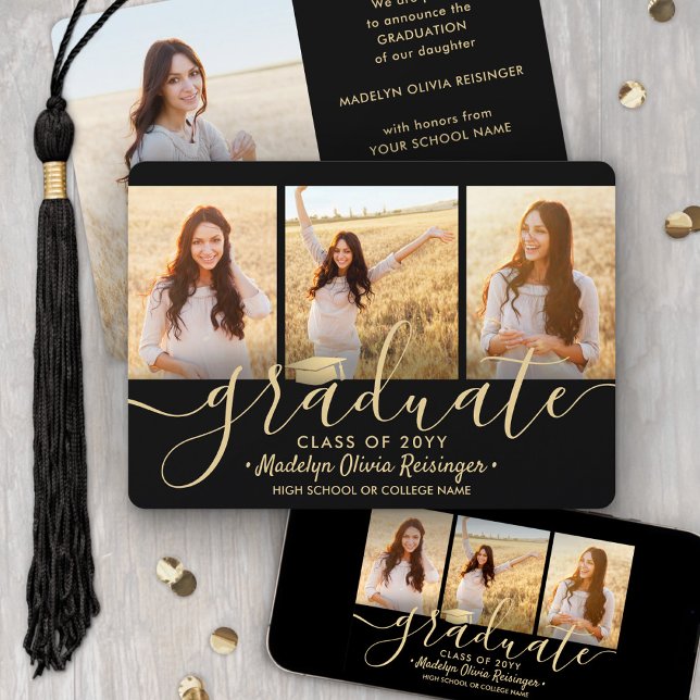 4 Photo Graduation Collage Black and Gold Script Announcement (Creator Uploaded)