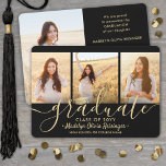4 Photo Graduation Collage Black and Gold Script Announcement<br><div class="desc">Share the joy of a high school or college graduation with these custom 4 photo collage black and gold announcements. All pictures and wording are simple to personalize. (IMAGE PLACEMENT TIP: An easy way to center a photo exactly how you want is to crop it before uploading to the Zazzle...</div>