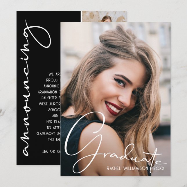 4 Photo Graduation Collage Black and White Script Announcement (Front/Back)