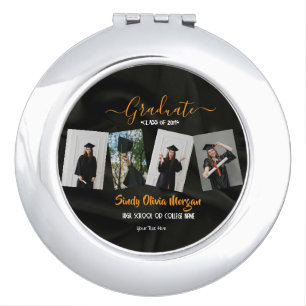 4 Photo Graduation Collage Black, Gold and white Compact Mirror