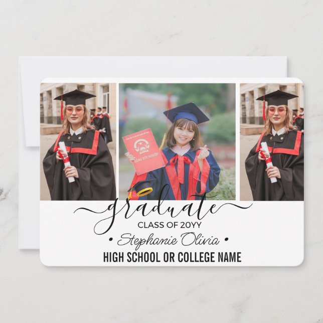 4 Photo Graduation Collage Black White Script Announcement (Front)