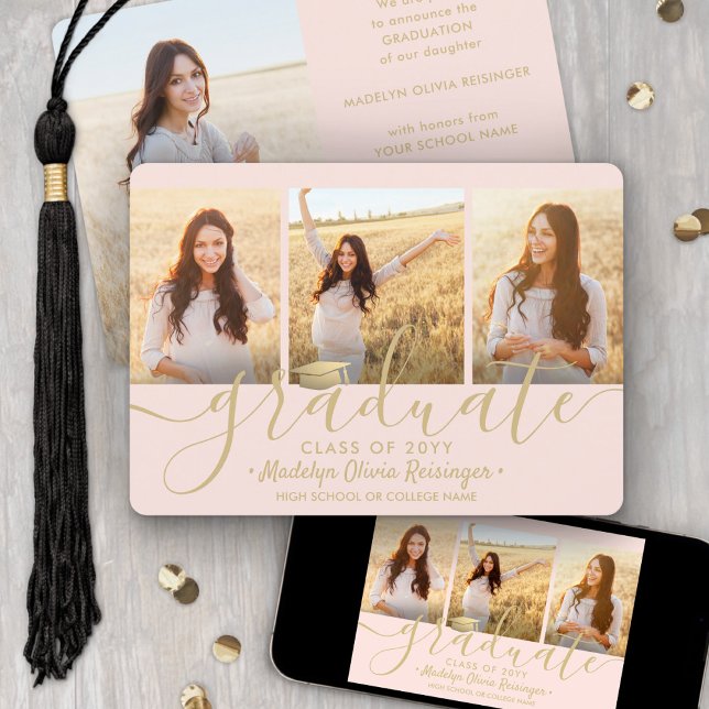 4 Photo Graduation Collage Blush Pink Gold Script Announcement (Creator Uploaded)
