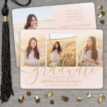 4 Photo Graduation Collage Blush Pink Gold Script Announcement<br><div class="desc">Share the joy of a high school or college graduation with these custom 4 photo collage blush pink and gold announcements. All pictures and wording are simple to personalize. (IMAGE PLACEMENT TIP: An easy way to center a photo exactly how you want is to crop it before uploading to the...</div>