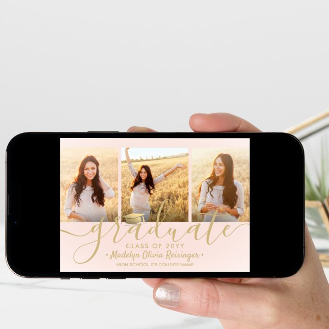 4 Photo Graduation Collage Blush Pink Gold Script Announcement (Front Digital)