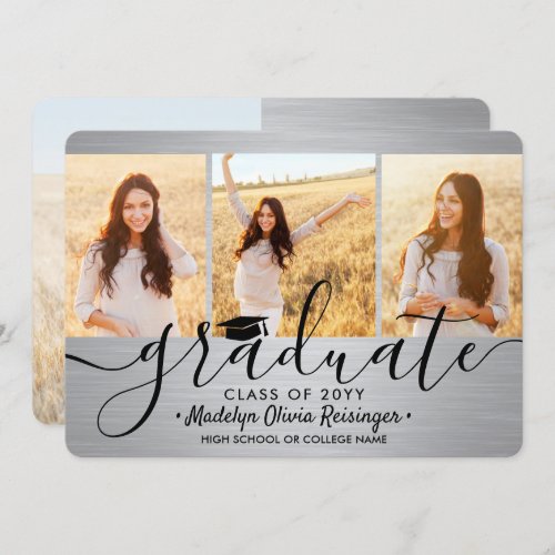 4 Photo Graduation Collage Brushed Silver  Black Announcement