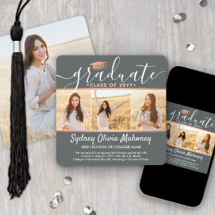 4 Photo Graduation Collage Gray and Faux Copper Announcement
