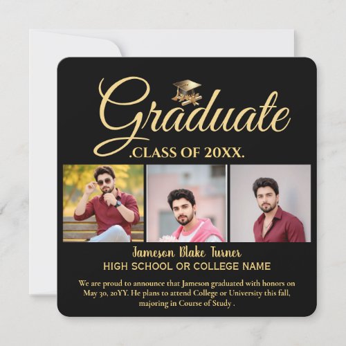 4 Photo Graduation Collage Modern Black and Gold  Announcement