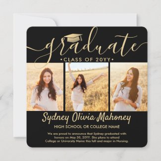 4 Photo Graduation Collage Modern Black and Gold Announcement
