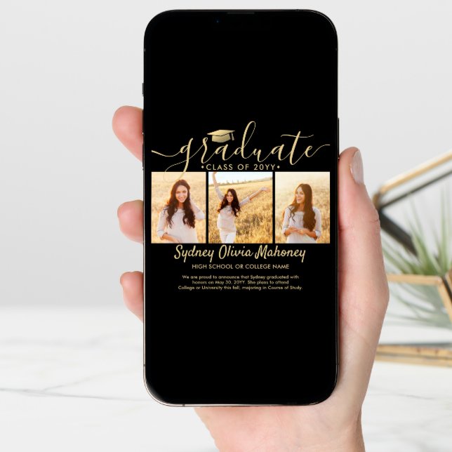 4 Photo Graduation Collage Modern Black and Gold Announcement (Front Digital)