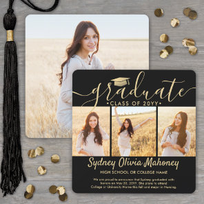 4 Photo Graduation Collage Modern Black and Gold Announcement