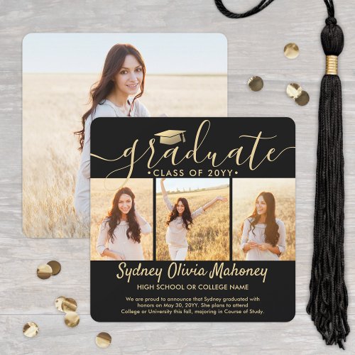 4 Photo Graduation Collage Modern Black and Gold Announcement