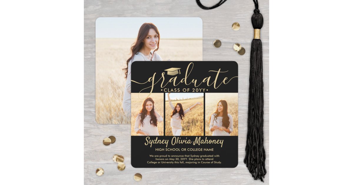 4 Photo Graduation Collage Modern Black and Gold Announcement