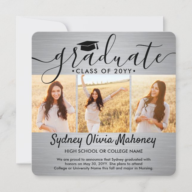 4 Photo Graduation Collage Modern Brushed Silver Announcement (Front)