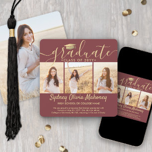 4 Photo Graduation Collage Modern Burgundy & Gold Announcement