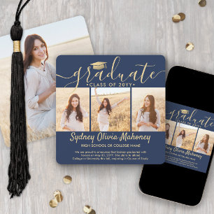 4 Photo Graduation Collage Modern Navy Blue & Gold Announcement