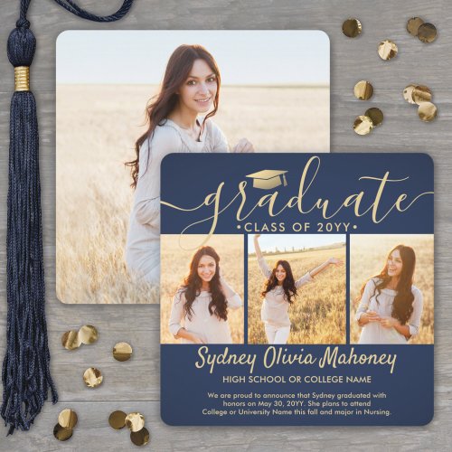 4 Photo Graduation Collage Modern Navy Blue  Gold Announcement