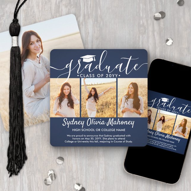 4 Photo Graduation Collage Modern Navy Blue White Announcement (Creator Uploaded)