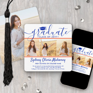 4 Photo Graduation Collage Modern Orange and Blue Announcement