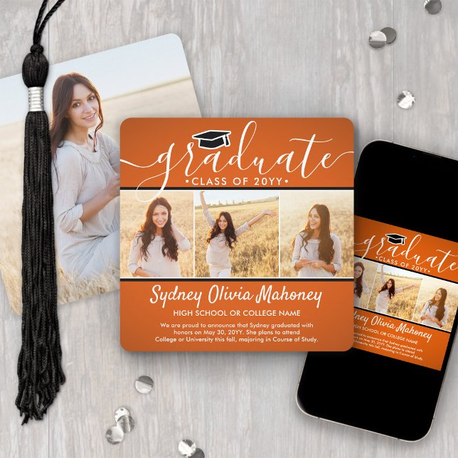 4 Photo Graduation Collage Modern Orange Black Announcement (Creator Uploaded)