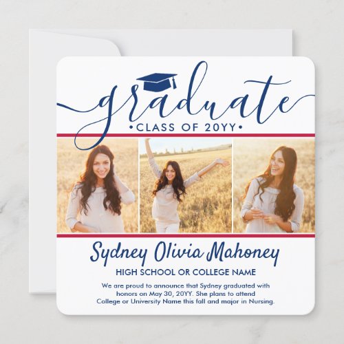 4 Photo Graduation Collage Modern Red White  Blue Announcement