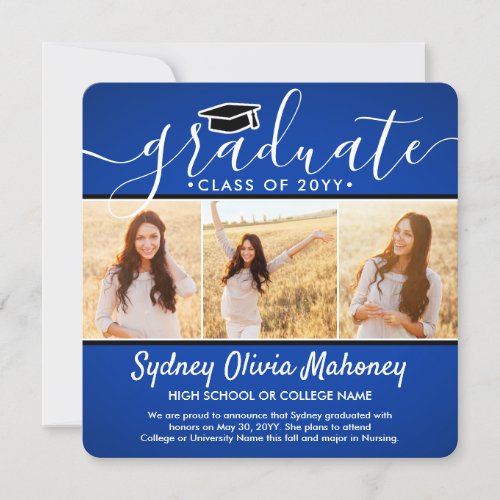 4 Photo Graduation Collage Modern Royal Blue White Announcement