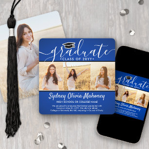 4 Photo Graduation Collage Modern Royal Blue White Announcement