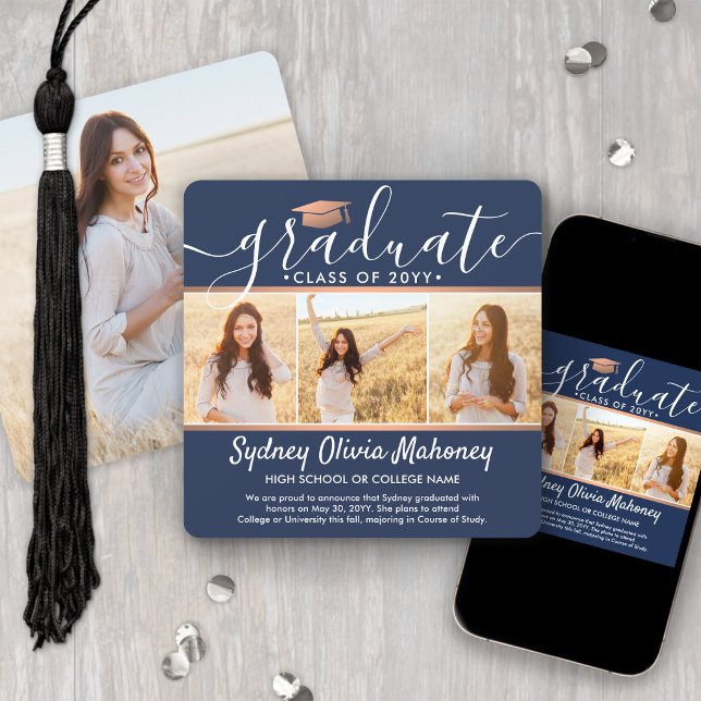 4 Photo Graduation Collage Navy Blue & Faux Copper Announcement (Creator Uploaded)