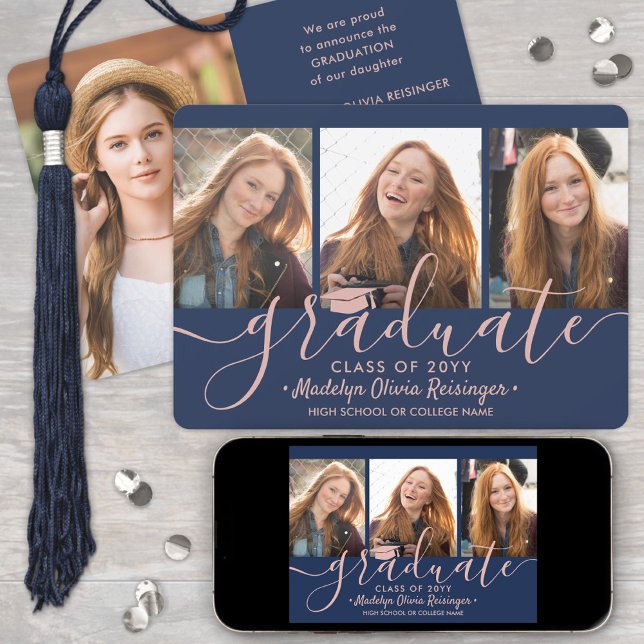 4 Photo Graduation Collage Navy Blue & Pink Script Announcement (Creator Uploaded)