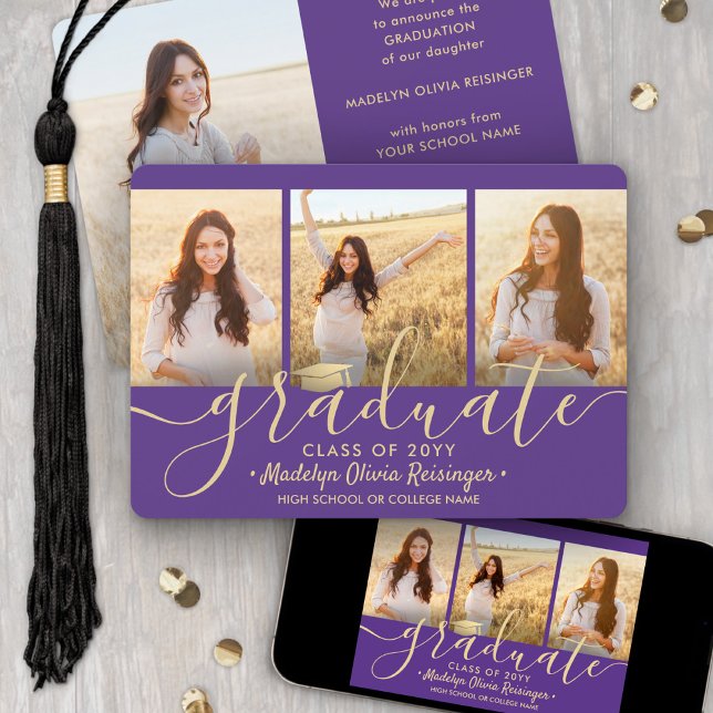 4 Photo Graduation Collage Purple and Gold Script Announcement (Creator Uploaded)