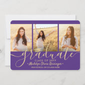 4 Photo Graduation Collage Purple and Gold Script Announcement (Front)
