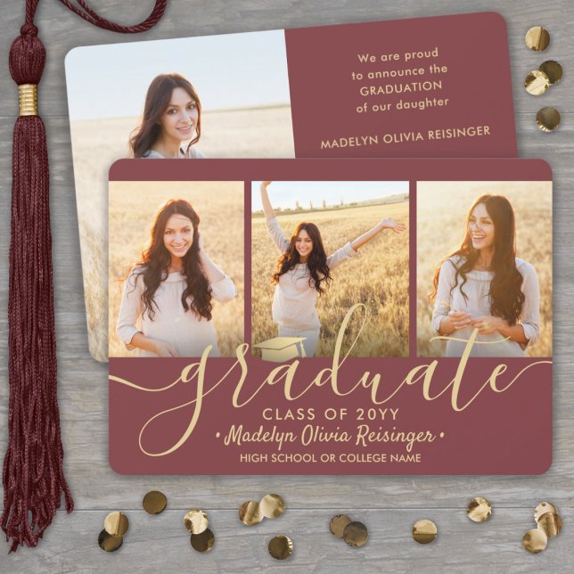 4 Photo Graduation Collage Script Burgundy & Gold Announcement (Creator Uploaded)
