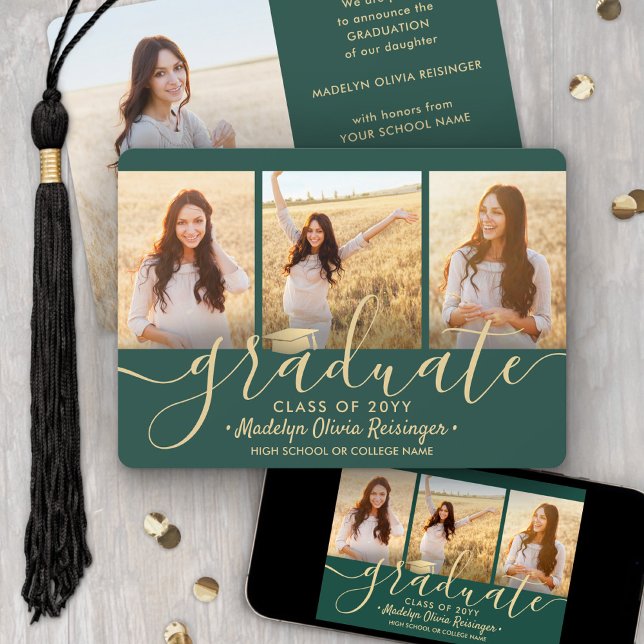 4 Photo Graduation Collage Script Green and Gold Announcement (Creator Uploaded)