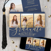 4 Photo Graduation Collage Script Navy Blue & Gold Announcement