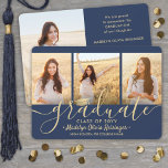4 Photo Graduation Collage Script Navy Blue & Gold Announcement<br><div class="desc">Share the joy of a high school or college graduation with these custom 4 photo collage navy blue and gold announcements. All pictures and wording are simple to personalize. (IMAGE PLACEMENT TIP: An easy way to center a photo exactly how you want is to crop it before uploading to the...</div>