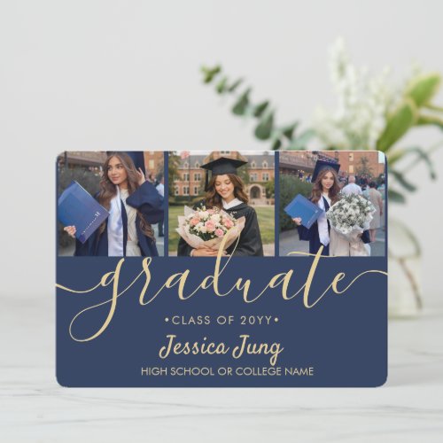 4 Photo Graduation Collage Script Navy Blue & Gold Announcement