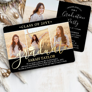 4 Photo Graduation Party Black, White and Real Foil Invitation