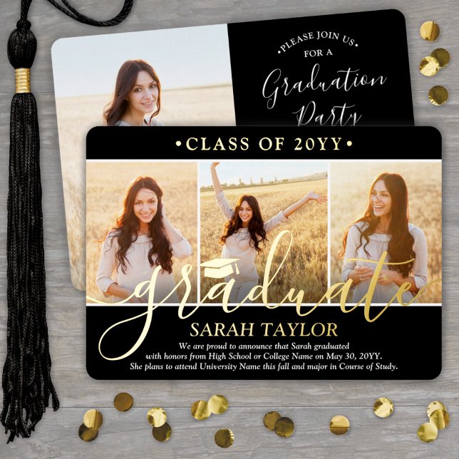 4 Photo Graduation Party Black, White and Real Foil Invitation (Creator Uploaded)