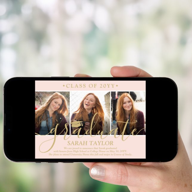 4 Photo Graduation Party Blush Pink & Gold Script Invitation (Front Digital)