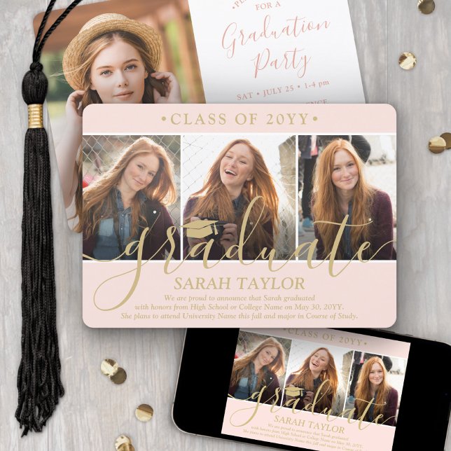 4 Photo Graduation Party Blush Pink & Gold Script Invitation (Creator Uploaded)