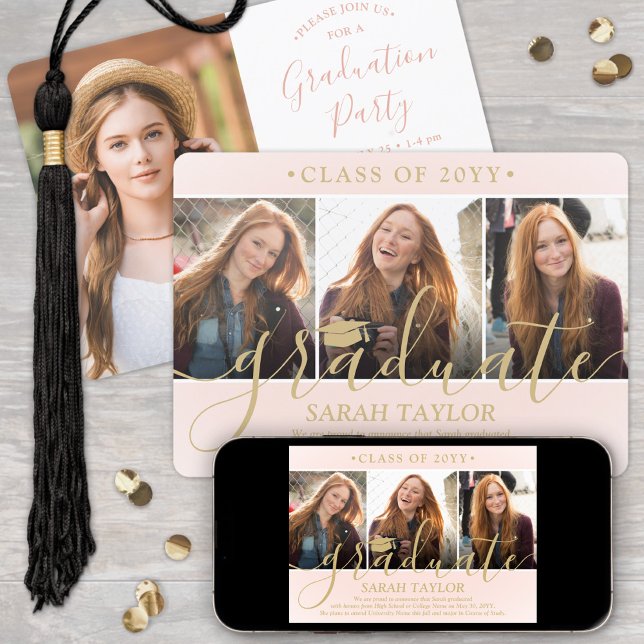 4 Photo Graduation Party Blush Pink & Gold Script Invitation (Creator Uploaded)