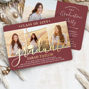 4 Photo Graduation Party Burgundy, White and Real Foil Invitation