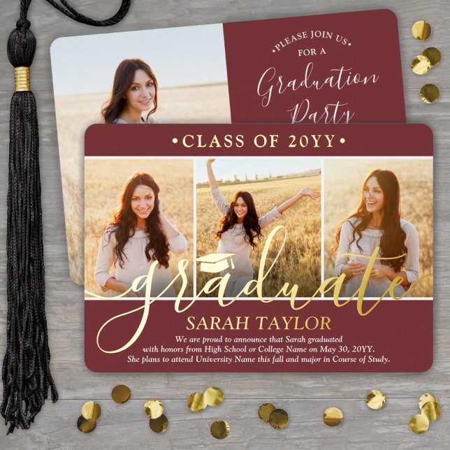 4 Photo Graduation Party Burgundy, White and Real Foil Invitation (Creator Uploaded)