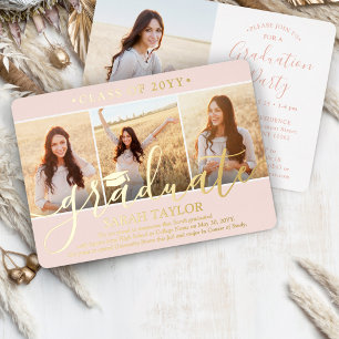 4 Photo Graduation Party Elegant Blush Pink & Real Foil Invitation