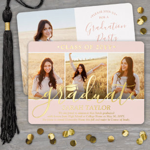 4 Photo Graduation Party Elegant Blush Pink & Real Foil Invitation