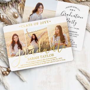 4 Photo Graduation Party Elegant White and Real Foil Invitation