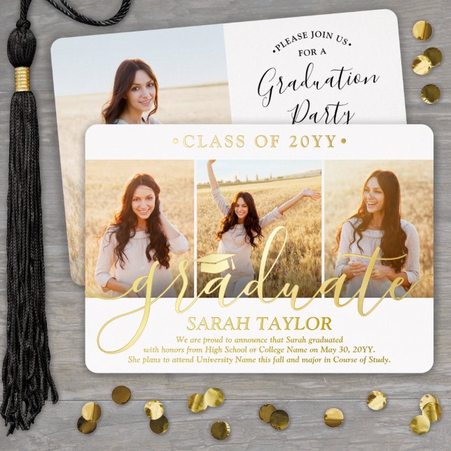 4 Photo Graduation Party Elegant White and Real Foil Invitation (Creator Uploaded)