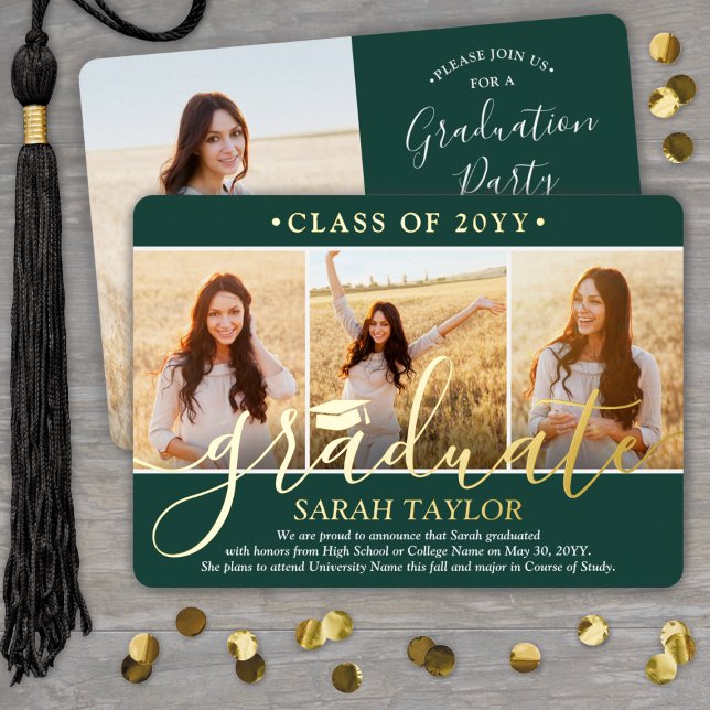 4 Photo Graduation Party Green, White and Real Foil Invitation (Creator Uploaded)