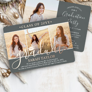 4 Photo Graduation Party Modern Script Gray and Foil Invitation